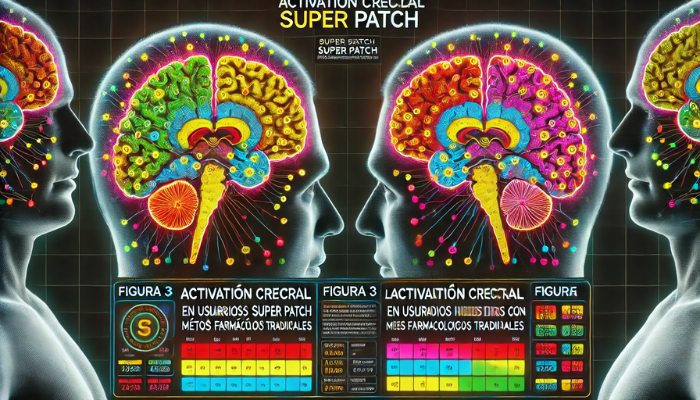 Una imagen panorámica titulada «Activación Cerebral con Super Patch» con el subtítulo «Figura 3: Imagen que compara la activación cerebral en usuarios de Super Patch frente a aquellos tratados con métodos farmacológicos tradicionales. La imagen muestra una comparación en paralelo de la activación cerebral entre los usuarios de Super Patch y los tratados con métodos farmacológicos tradicionales. Las regiones cerebrales activadas por cada método se resaltan en colores brillantes, como el rojo y el amarillo, para indicar la actividad neuronal. A la izquierda, el cerebro muestra patrones de activación asociados al uso de Super Patch, mientras que a la derecha, el cerebro muestra patrones de activación del tratamiento farmacológico tradicional. La comparación es clara y visualmente impactante, con las áreas cerebrales claramente etiquetadas y las diferencias en los patrones de activación destacadas. El estilo general es científico, limpio y adecuado para su uso en una presentación médica o educativa.
https://www.elsuperparche.com/blog/