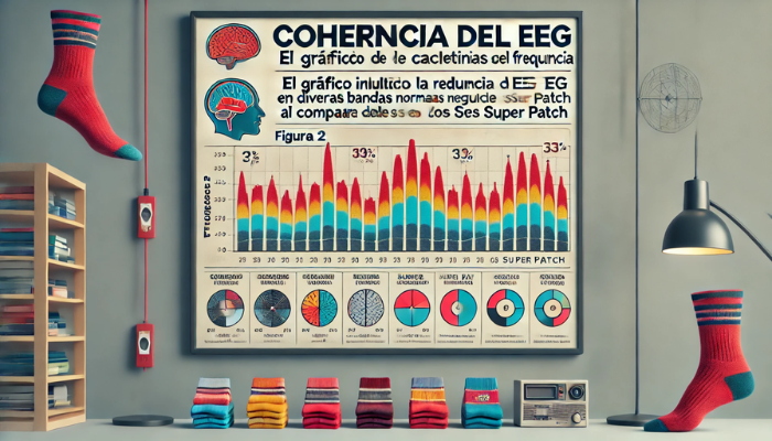 Un gráfico de pantalla panorámica titulado 'Coherencia del EEG' con el título 'Figura 2: El gráfico ilustra la reducción de la coherencia del EEG en diversas bandas de frecuencia al comparar el uso de calcetines normales y los Super Patch'. El gráfico ilustra la reducción de la coherencia del EEG en diversas bandas de frecuencia al comparar el uso de calcetines normales y los Super Patch. El gráfico debe ser claro y profesional, centrándose en transmitir las diferencias entre las dos condiciones. El eje X representa las distintas bandas de frecuencia, mientras que el eje Y representa los niveles de coherencia del EEG. Las barras de los calcetines Super Patch muestran una coherencia reducida en comparación con los calcetines normales. El estilo general es limpio, adecuado para presentaciones científicas y educativas.
https://www.elsuperparche.com/blog/