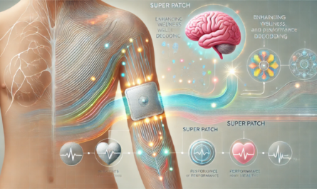 Una imagen horizontal que visualiza la explicación de cómo funcionan los Superparches, tal y como se describe en el texto. El fondo es limpio y minimalista, posiblemente con un degradado suave o un diseño abstracto. En el centro, hay una ilustración detallada de un brazo humano con un Superparche aplicado a la piel. El parche está representado con crestas y patrones, destacando su diseño único. Del parche emanan líneas u ondas visuales, que representan la señal que se envía al cerebro. Se muestra una vía neural que conecta el parche del brazo con el cerebro, con efectos brillantes y resplandecientes que indican la transmisión del mensaje neural descodificado. Alrededor del brazo y del parche, hay ilustraciones o iconos más pequeños que representan funciones físicas, emocionales y psicológicas, como un corazón para la salud física, un cerebro para la función psicológica y una cara sonriente para el bienestar emocional. En la parte inferior o superior de la imagen, hay un texto claro que dice 'Superparche: Mejorar el bienestar, el rendimiento y la salud mediante la descodificación del neurocódigo». El estilo general es moderno, científico e informativo, centrado en la claridad y la comunicación visual. https://www.elsuperparche.com/blog/