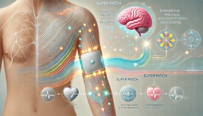 Una imagen horizontal que visualiza la explicación de cómo funcionan los Superparches, tal y como se describe en el texto. El fondo es limpio y minimalista, posiblemente con un degradado suave o un diseño abstracto. En el centro, hay una ilustración detallada de un brazo humano con un Superparche aplicado a la piel. El parche está representado con crestas y patrones, destacando su diseño único. Del parche emanan líneas u ondas visuales, que representan la señal que se envía al cerebro. Se muestra una vía neural que conecta el parche del brazo con el cerebro, con efectos brillantes y resplandecientes que indican la transmisión del mensaje neural descodificado. Alrededor del brazo y del parche, hay ilustraciones o iconos más pequeños que representan funciones físicas, emocionales y psicológicas, como un corazón para la salud física, un cerebro para la función psicológica y una cara sonriente para el bienestar emocional. En la parte inferior o superior de la imagen, hay un texto claro que dice 'Superparche: Mejorar el bienestar, el rendimiento y la salud mediante la descodificación del neurocódigo». El estilo general es moderno, científico e informativo, centrado en la claridad y la comunicación visual. https://www.elsuperparche.com/blog/