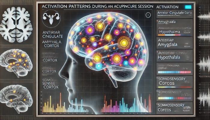 Visualización de un escáner cerebral panorámico que muestra los patrones de activación durante una sesión de acupuntura. La imagen destaca zonas específicas del cerebro, como el córtex cingulado anterior, la amígdala, el hipotálamo y el córtex somatosensorial (SII). Estas zonas de activación están marcadas con colores brillantes, como el rojo o el amarillo, para indicar una elevada actividad neuronal, mientras que el resto del cerebro se muestra en escala de grises. El estilo es científico y clínico, adecuado para presentaciones de investigación médica, con un etiquetado claro de las regiones cerebrales activadas y un diseño limpio y profesional. https://www.elsuperparche.com/blog/