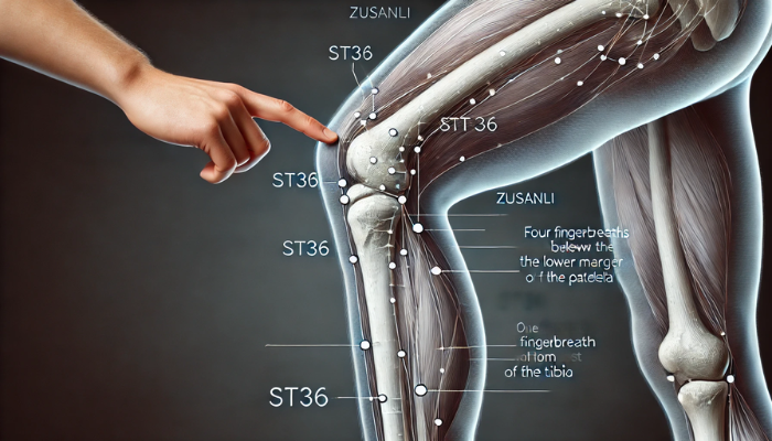 Diagrama anatómico panorámico que muestra la ubicación del punto de acupuntura ST36 (Zusanli) en la pierna humana. El diagrama ofrece una vista lateral de la pierna derecha, con marcadores claros que indican la ubicación exacta del ST36, que está a cuatro dedos por debajo del margen inferior de la rótula y a un dedo lateralmente de la cresta anterior de la tibia. La pierna se rotula centrándose en el punto ST36, utilizando líneas y texto limpios y claros con fines educativos. El estilo es médico, preciso y profesional, lo que garantiza que el diagrama sea adecuado para su uso en un entorno educativo. https://www.elsuperparche.com/blog/