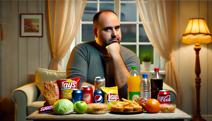 Imagen hiperrealista en pantalla panorámica de un hombre de unos 35 años, sentado a la mesa de su casa. Sobre la mesa, hay una variedad de productos poco saludables, como comida basura, bebidas azucaradas y aperitivos, que simbolizan su dependencia de estos malos hábitos. Su expresión es de resignación, mostrando que desearía poder liberarse de estos hábitos. El escenario es un típico ambiente doméstico, centrado en la lucha del hombre por superar sus elecciones de estilo de vida poco saludables. La atmósfera es sombría, lo que refleja su conflicto interno y su deseo de cambio.
https://www.elsuperparche.com/blog/