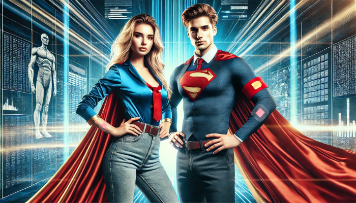 Una imagen hiperrealista en pantalla panorámica de una pareja joven y atractiva vestida como superhéroes al estilo clásico de los superhéroes, con capas. La pareja está de pie con confianza, exudando éxito y equilibrio, con una presencia fuerte y carismática. Cada uno de ellos lleva visiblemente en el brazo un parche parecido a un Superparche, que simboliza sus habilidades mejoradas. El escenario es dinámico, con un fondo que sugiere poder y energía, complementando sus personajes de superhéroes. El estilo general es vibrante, detallado y capta la esencia de individuos modernos, exitosos y equilibrados, dispuestos a enfrentarse al mundo. https://www.elsuperparche.com/blog/