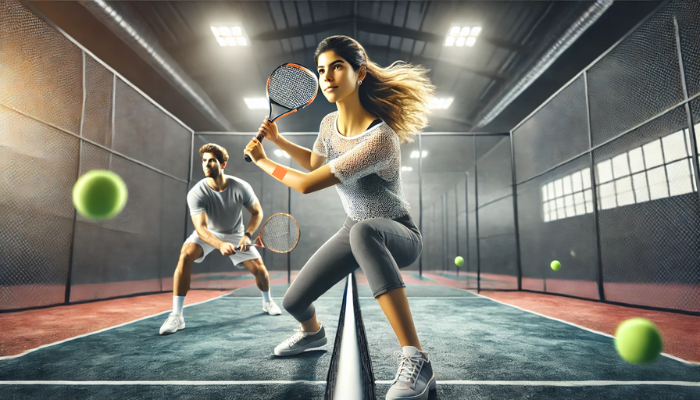 Una imagen hiperrealista en pantalla panorámica de una joven y un joven jugando al pádel. Están en una moderna pista de pádel, ambos plenamente implicados en el juego. La mujer se dispone a golpear la pelota con expresión decidida, mientras que el hombre está en posición de apoyo, listo para reaccionar. El escenario es enérgico, con una iluminación brillante que resalta el atletismo y la concentración de los jugadores. El fondo muestra la red y la pista, con el juego en pleno apogeo. El ambiente es dinámico y capta la emoción y la intensidad del pádel.
https://www.elsuperparche.com/blog/