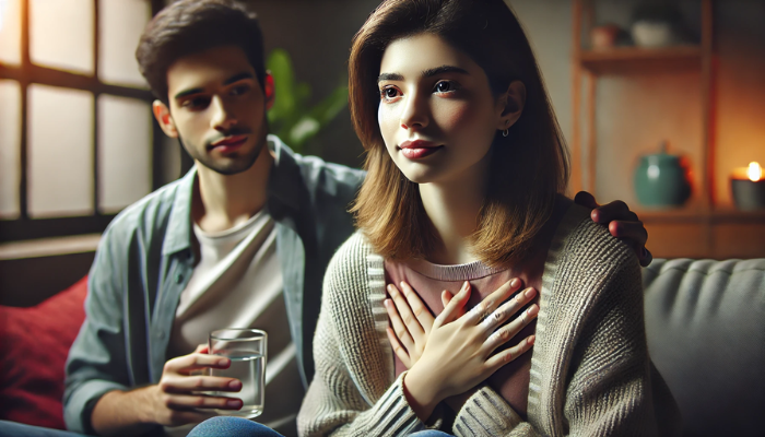 Una imagen hiperrealista en pantalla panorámica de una mujer joven y un hombre joven que experimentan problemas respiratorios leves debidos a una inmunidad baja, pero con un tono más positivo y esperanzador. Están en el interior, sentados en un sofá, con expresiones que muestran un ligero malestar, pero también resistencia. La iluminación es suave y cálida, creando un ambiente acogedor. La joven se sujeta suavemente el pecho, mientras que el joven está sentado a su lado con una postura relajada, tal vez sosteniendo una taza de té. El estado de ánimo general es tranquilo y optimista, lo que sugiere que están controlando sus síntomas y cuidando de sí mismos.
https://www.elsuperparche.com/blog/