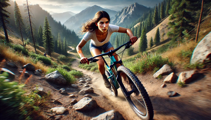 Una imagen hiperrealista en pantalla panorámica de una joven practicando ciclismo de montaña. Está a medio camino, recorriendo un sendero escarpado con determinación y concentración. El escenario es un entorno pintoresco al aire libre, con senderos rocosos, árboles y un fondo montañoso. La iluminación capta la intensidad y la emoción de la carrera, resaltando su capacidad atlética al enfrentarse a un terreno difícil. Su expresión refleja concentración y confianza, encarnando la emoción y el desafío del ciclismo de montaña.
https://www.elsuperparche.com/blog/